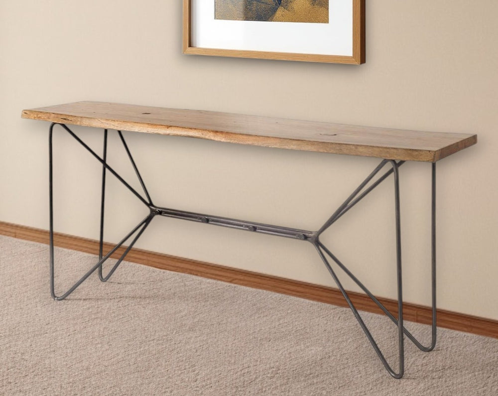 HomeRoots 66" Stunning Solid Acacia Wood Console Table with Abstract Iron Base – Modern Industrial Design Ideal for Home 380192