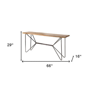 HomeRoots 66" Stunning Solid Acacia Wood Console Table with Abstract Iron Base – Modern Industrial Design Ideal for Home 380192