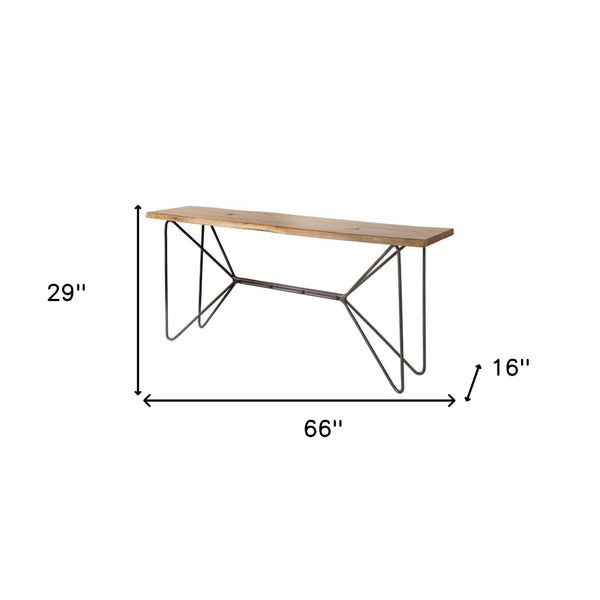 HomeRoots 66" Stunning Solid Acacia Wood Console Table with Abstract Iron Base – Modern Industrial Design Ideal for Home 380192