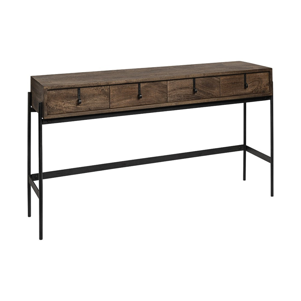 HomeRoots 56" Solid Wood and Metal Console Table - Rustic Industrial Design with 4 Drawers for Stylish Storage 380193