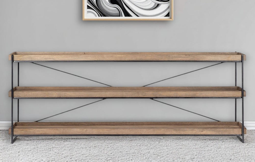 HomeRoots 80" Stylish Light Brown and Black Solid Wood Console Table with 3-Tier Storage for Any Space 380194