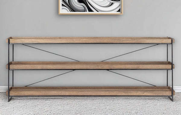 HomeRoots 80" Stylish Light Brown and Black Solid Wood Console Table with 3-Tier Storage for Any Space 380194