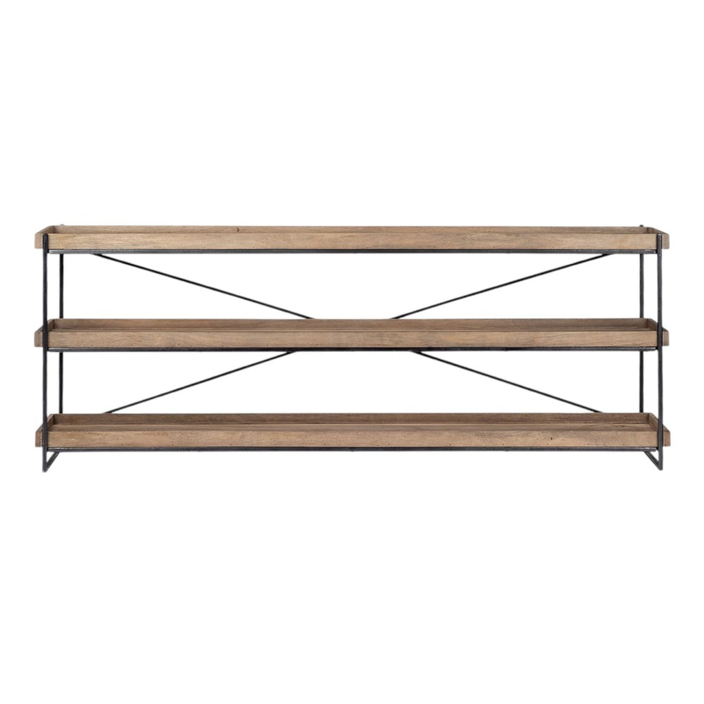 HomeRoots 80" Stylish Light Brown and Black Solid Wood Console Table with 3-Tier Storage for Any Space 380194