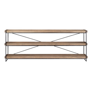 HomeRoots 80" Stylish Light Brown and Black Solid Wood Console Table with 3-Tier Storage for Any Space 380194