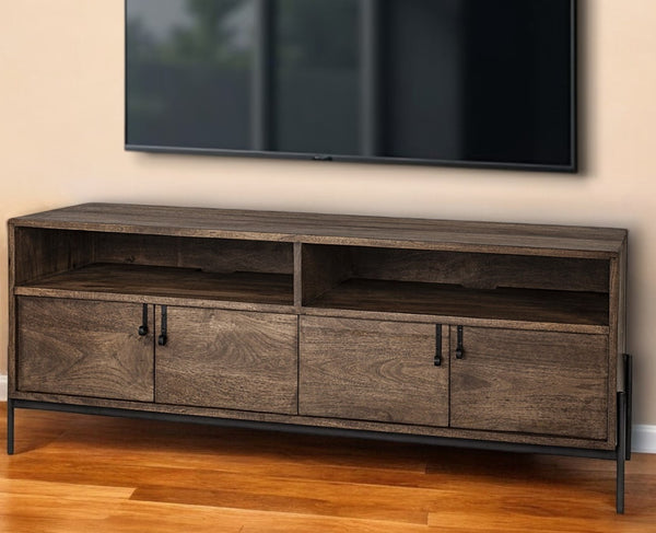 Homeroots 62" Brown And Black Solid Wood Cabinet Enclosed Storage Tv Stand  Solid Wood 380198