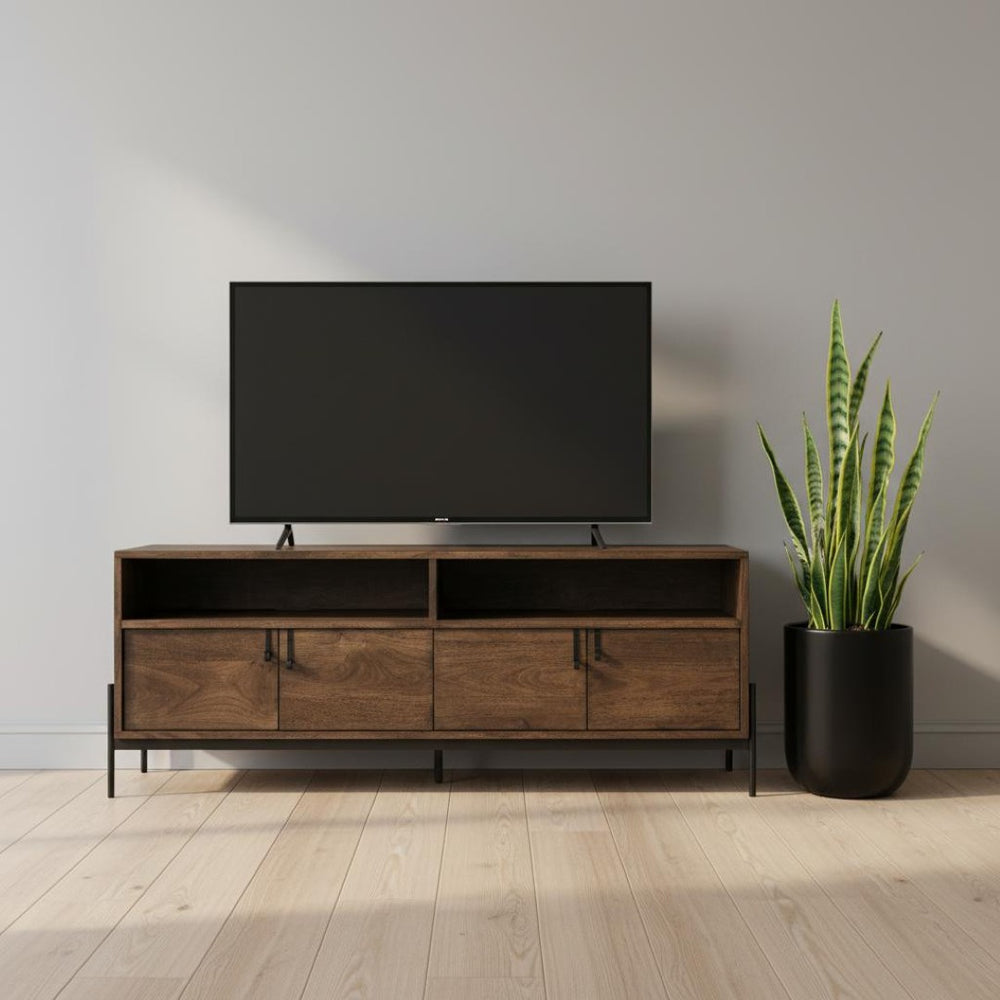 HomeRoots 62" Solid Wood TV Stand in Brown and Black Finish – Stylish Storage Cabinet for Any Room Decor 380198