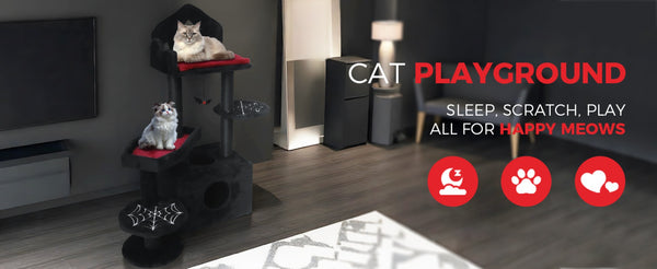English Elm Black Gothic Multi-level Cat Tower with Coffin Perch Sisal Posts and Hammock W243P326635