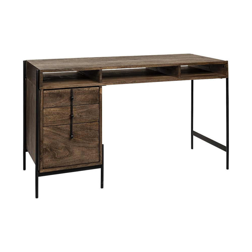 HomeRoots Medium Brown Wooden Writing Desk – Stylish & Functional with 3 Drawers, 3 Shelves, No Assembly Needed! 380203