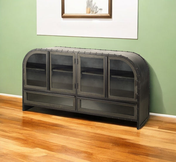 HomeRoots 62" Industrial Dark Brown Iron Sideboard with Glass Doors for Stylish Storage & Display Solutions 380205