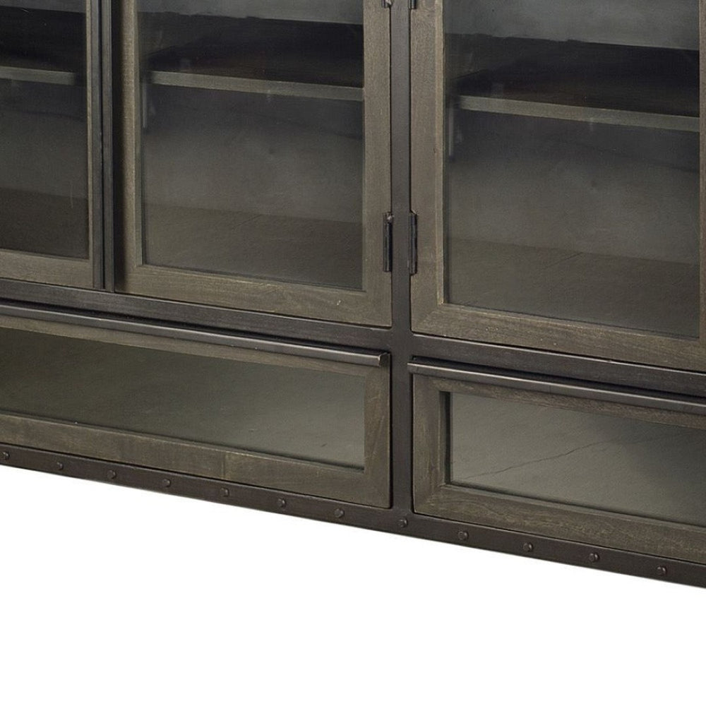 HomeRoots 62" Industrial Dark Brown Iron Sideboard with Glass Doors for Stylish Storage & Display Solutions 380205
