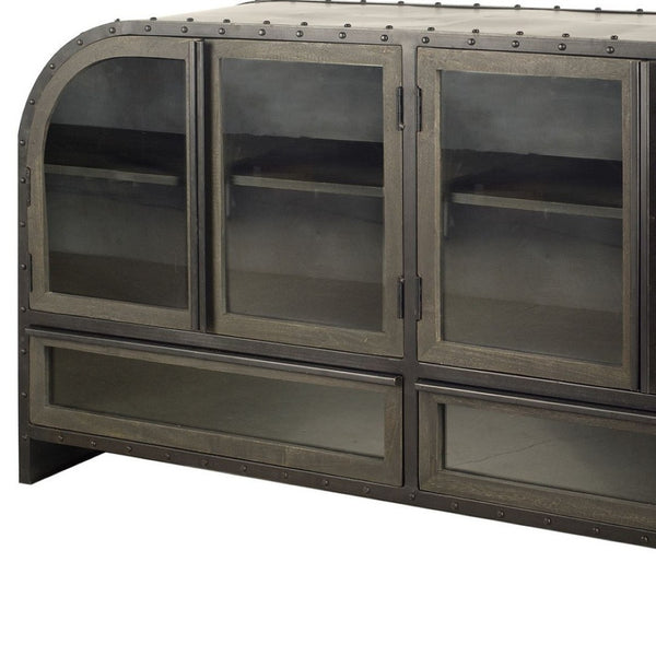 HomeRoots 62" Industrial Dark Brown Iron Sideboard with Glass Doors for Stylish Storage & Display Solutions 380205