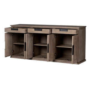 Homeroots 82" Brown Solid Wood Three Drawer Sideboard With Six Doors   380206