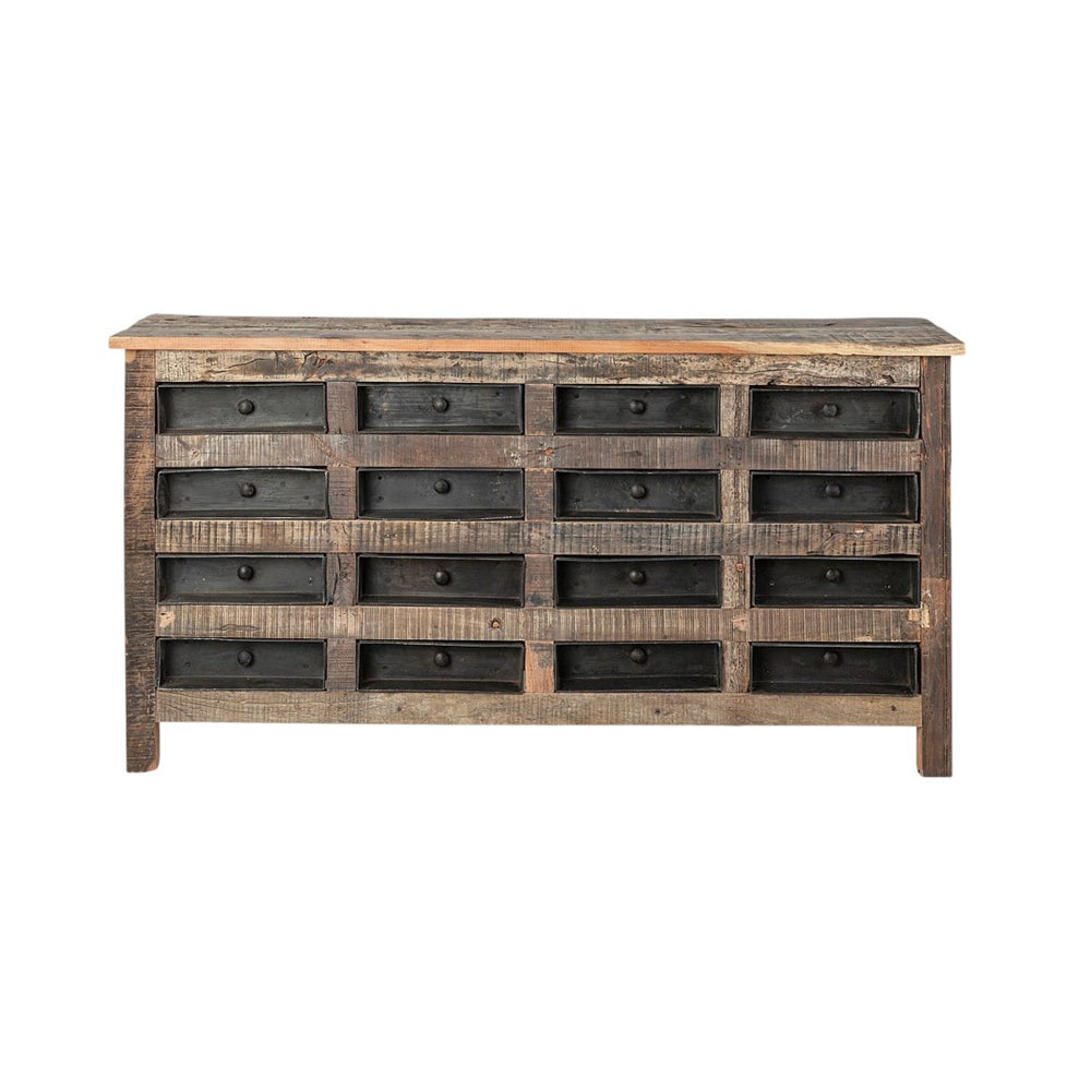 HomeRoots 63" Solid Wood Sideboard with 16 Drawers – Rustic Brown & Black Storage Cabinet for Home Décor 380207