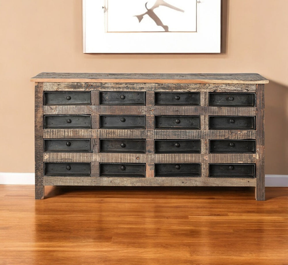 HomeRoots 63" Solid Wood Sideboard with 16 Drawers – Rustic Brown & Black Storage Cabinet for Home Décor 380207