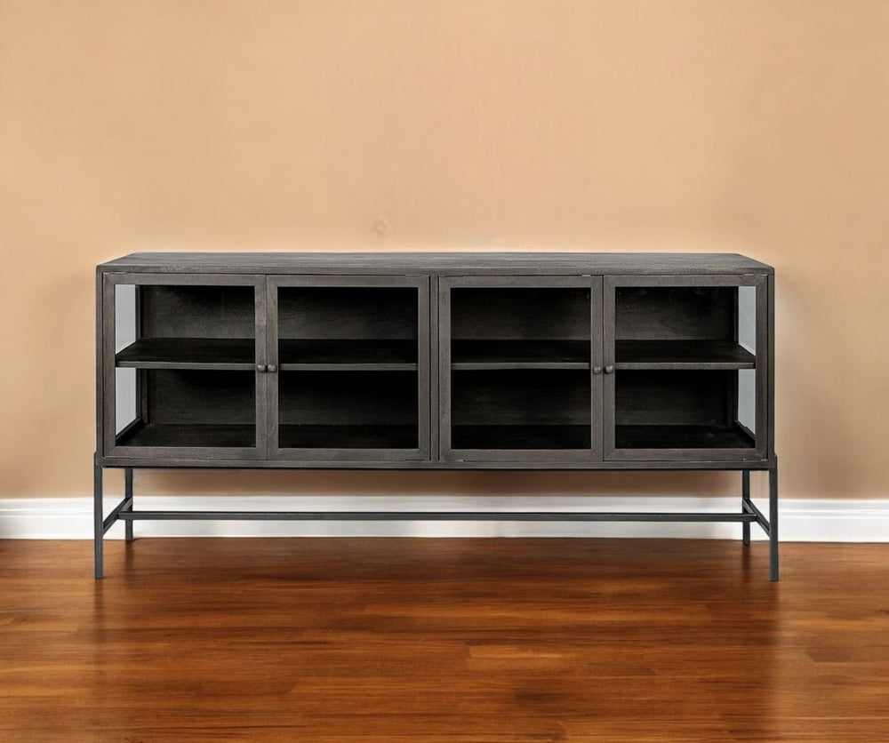 HomeRoots 70" Black Solid Wood Sideboard - Industrial Style with Glass Doors for Elegant Storage & Display 380208