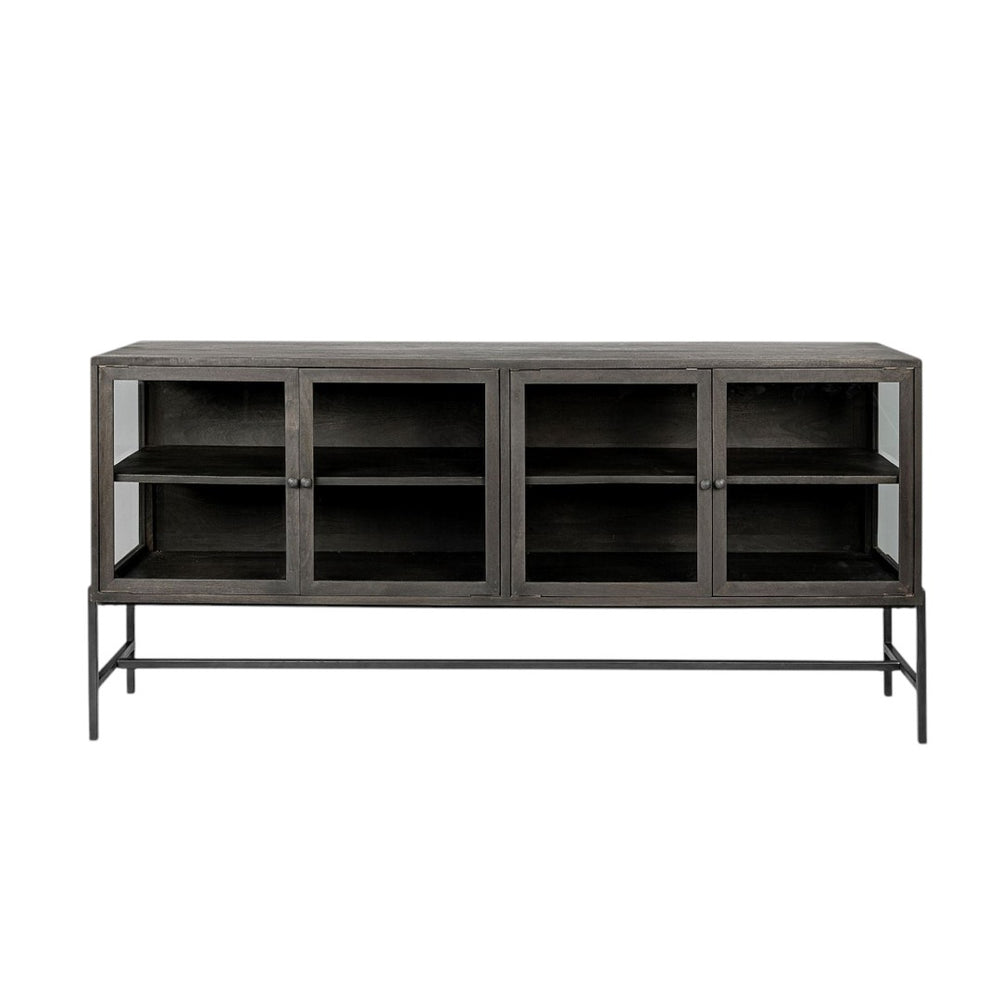 HomeRoots 70" Black Solid Wood Sideboard - Industrial Style with Glass Doors for Elegant Storage & Display 380208