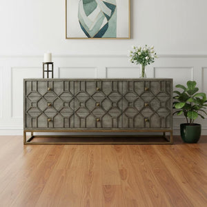 16 Inch Nine Drawer Wooden Sideboard in Brown Antiqued Gold Finish for Dining Rooms