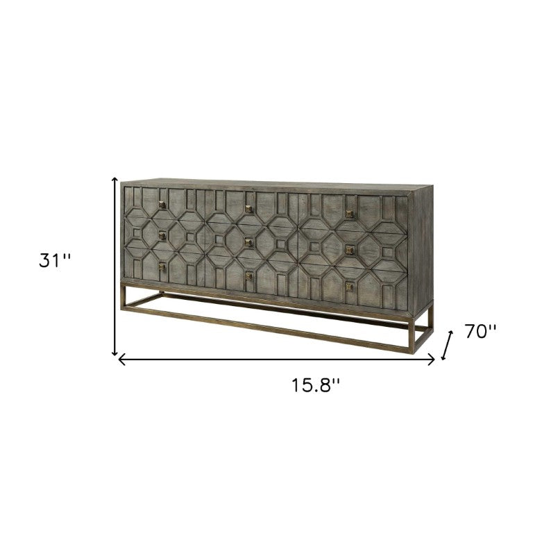 HomeRoots 16 Inch Nine Drawer Wooden Sideboard in Brown Antiqued Gold Finish for Dining Rooms 380209