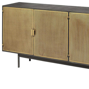 Homeroots Dark Industrial-inspired Sideboard With Gold And Black Finish, 4 Perforated Cabinet Doors  Wood 380213