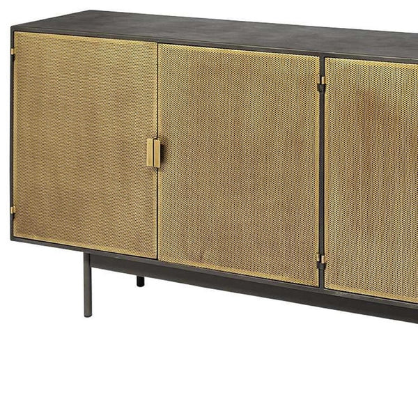 Homeroots Dark Industrial-inspired Sideboard With Gold And Black Finish, 4 Perforated Cabinet Doors  Wood 380213