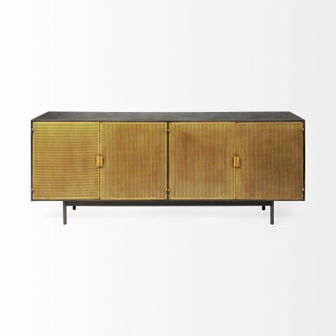 Homeroots Dark Industrial-inspired Sideboard With Gold And Black Finish, 4 Perforated Cabinet Doors  Wood 380213
