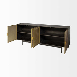 Homeroots Dark Industrial-inspired Sideboard With Gold And Black Finish, 4 Perforated Cabinet Doors  Wood 380213