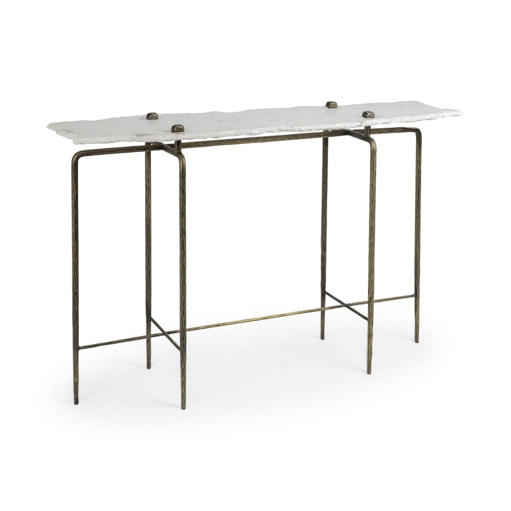 HomeRoots 49" White Marble Console Table with Distressed Brass Six-Leg Base – Modern Rustic Entryway Accent 380223