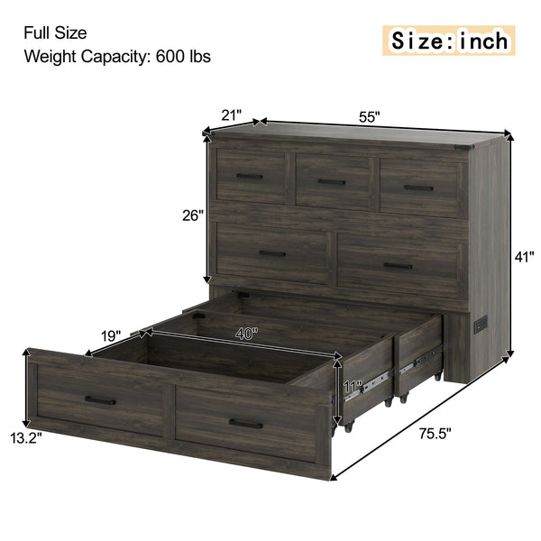 English Elm Murphy Full-Size Cabinet Bed with Built-In Charging Station, Storage Drawer & 700lb Capacity Comfort Gray 52.5 L x 26 W x 5.5 H N733S293995G
