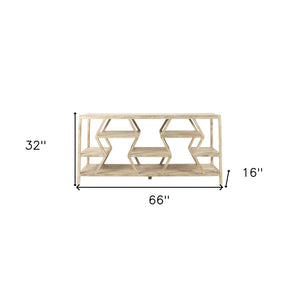 HomeRoots 66" Light Brown Solid Wood Console Table with Multi-Level Geometric Shelves for Stylish Storage 380235
