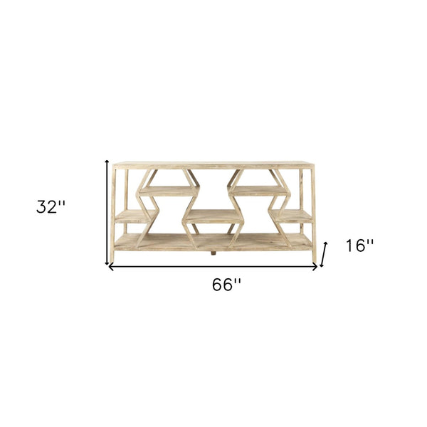 HomeRoots 66" Light Brown Solid Wood Console Table with Multi-Level Geometric Shelves for Stylish Storage 380235
