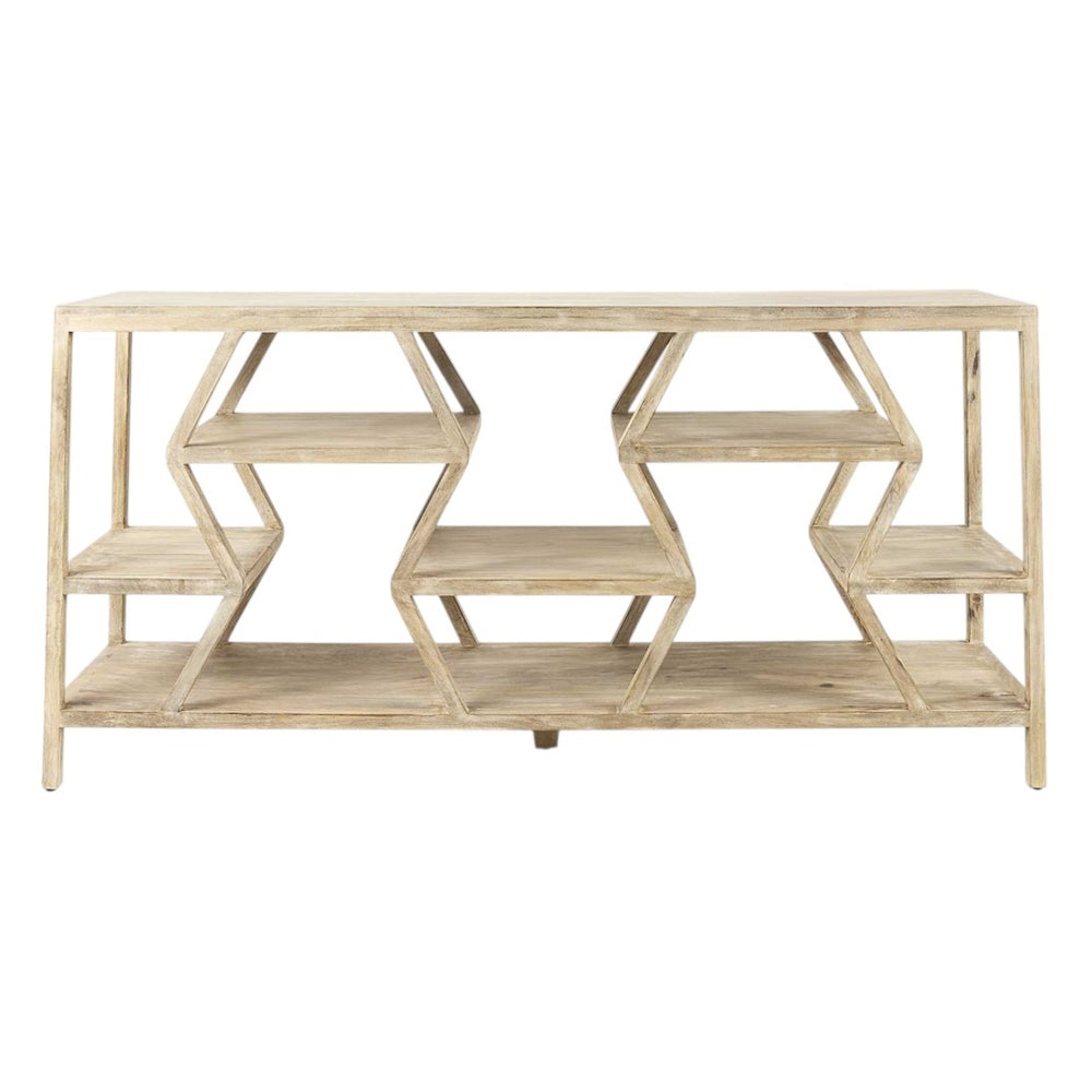 HomeRoots 66" Light Brown Solid Wood Console Table with Multi-Level Geometric Shelves for Stylish Storage 380235