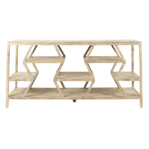 HomeRoots 66" Light Brown Solid Wood Console Table with Multi-Level Geometric Shelves for Stylish Storage 380235