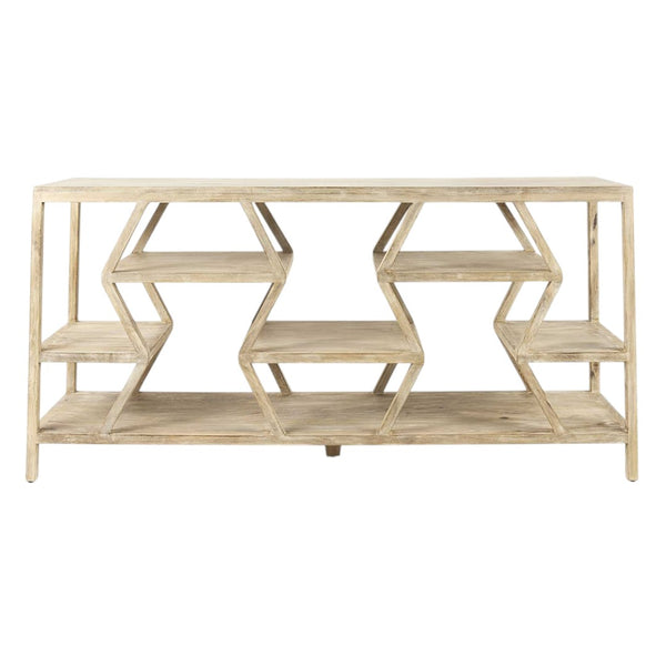 HomeRoots 66" Light Brown Solid Wood Console Table with Multi-Level Geometric Shelves for Stylish Storage 380235