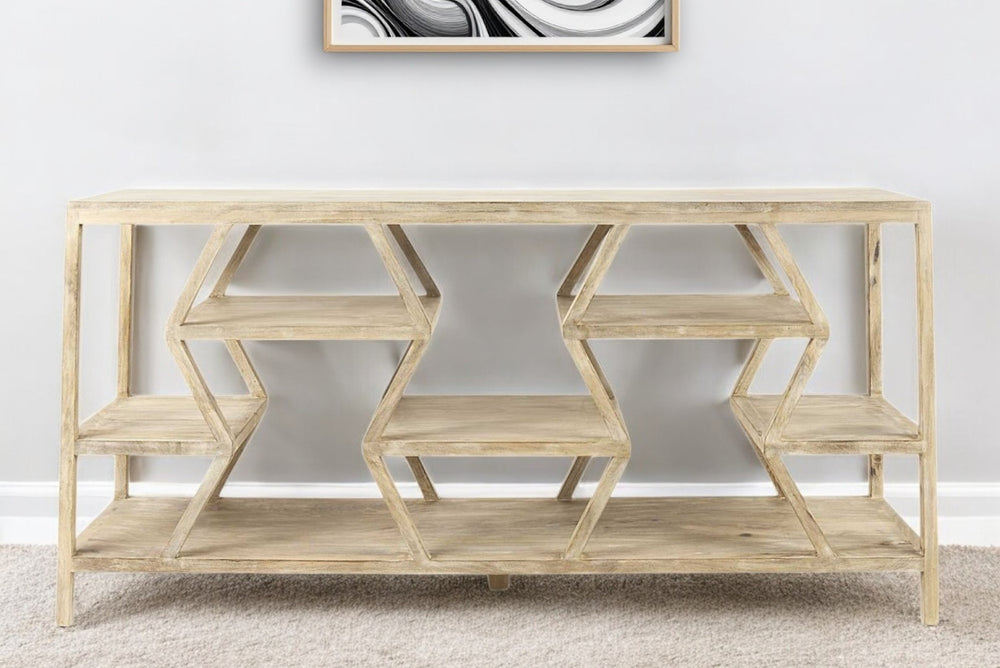 HomeRoots 66" Light Brown Solid Wood Console Table with Multi-Level Geometric Shelves for Stylish Storage 380235