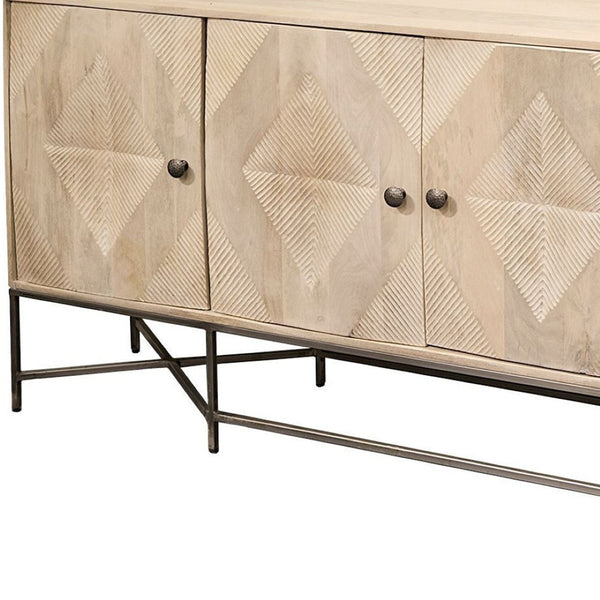 HomeRoots Light Brown Mango Wood Sideboard – Elegant 4-Door Cabinet for Coastal Charm & Practical Storage Solutions 380239