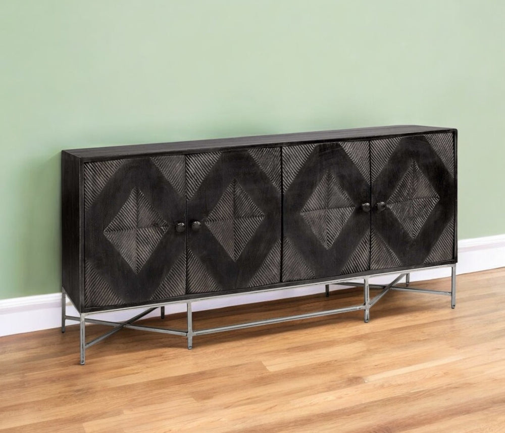 HomeRoots 72" Black Solid Wood Sideboard - Modern Storage Solution with Four Doors for Any Room Decor Style 380241