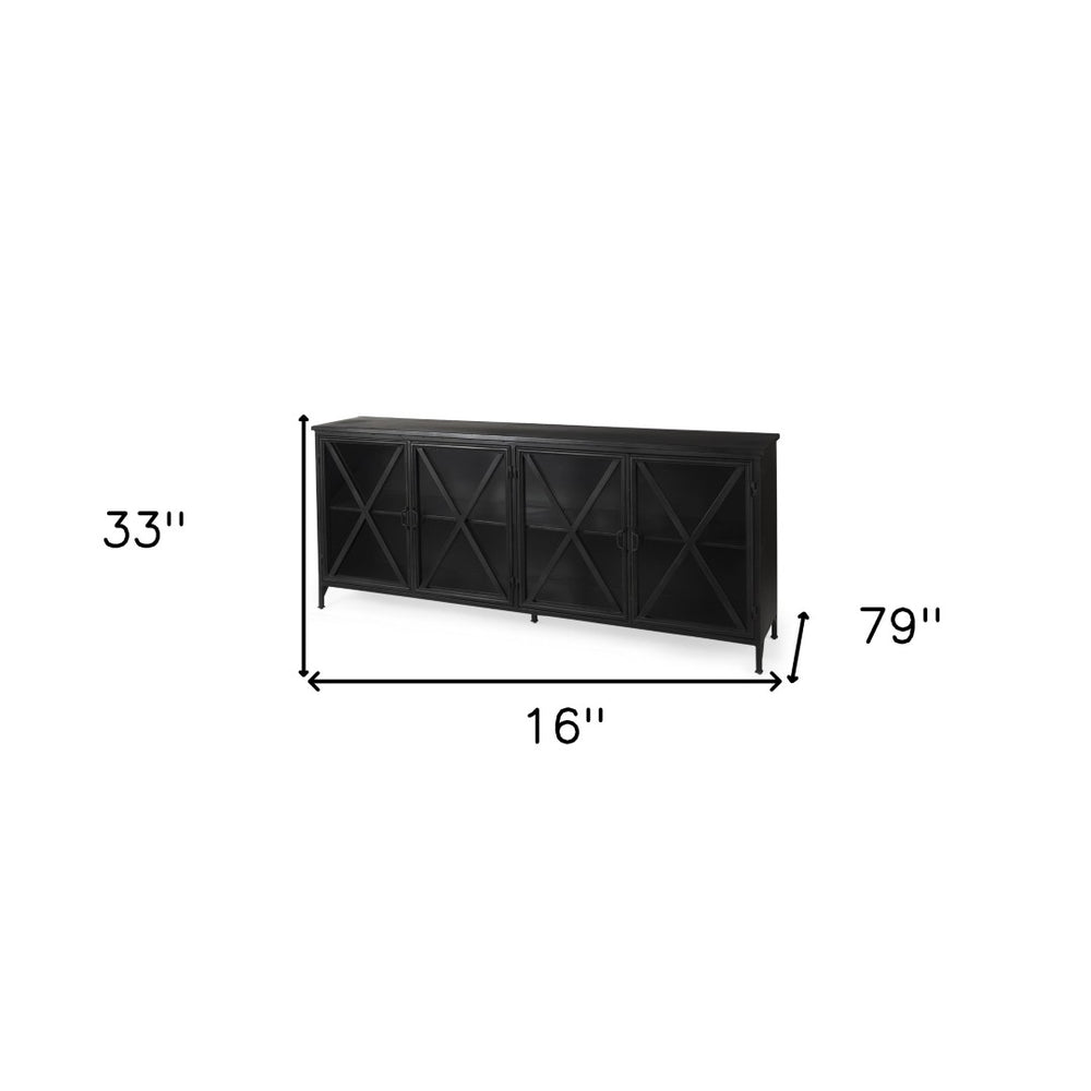 HomeRoots 16" Black Iron Sideboard with Elegant Glass Doors – Stylish Storage for Any Room, 79" Wide Design 380242
