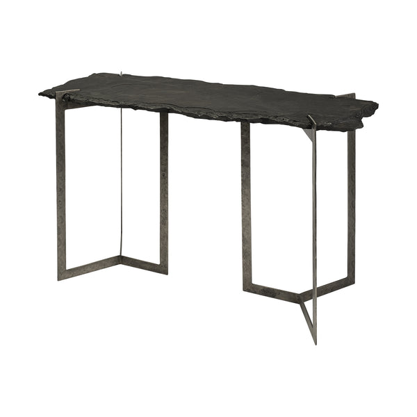 Homeroots 20" Black And Nickel Slate Distressed Double Pedestal Console Table   380247