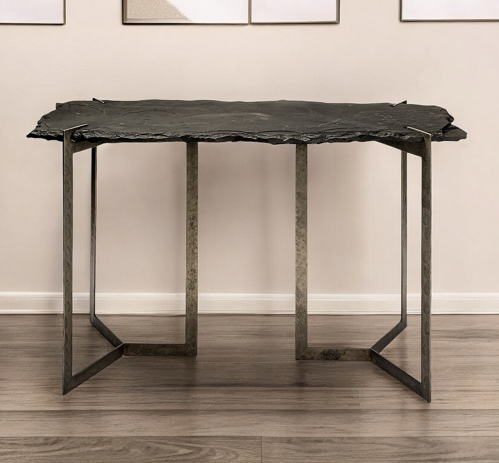 Homeroots 20" Black And Nickel Slate Distressed Double Pedestal Console Table   380247