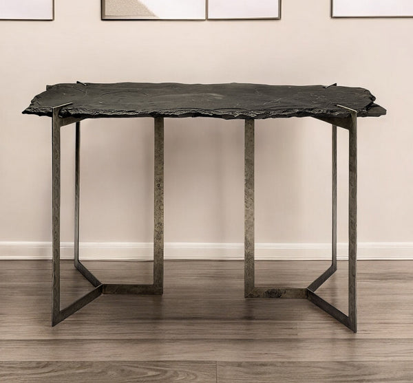 Homeroots 20" Black And Nickel Slate Distressed Double Pedestal Console Table   380247