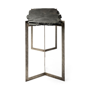 Homeroots 20" Black And Nickel Slate Distressed Double Pedestal Console Table   380247