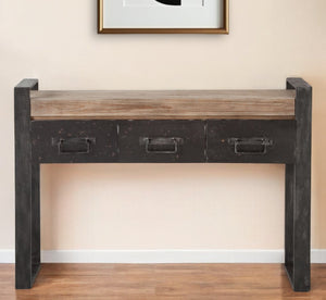 Homeroots 12" Brown And Black Solid Wood Sled Console Table And Drawers   380248