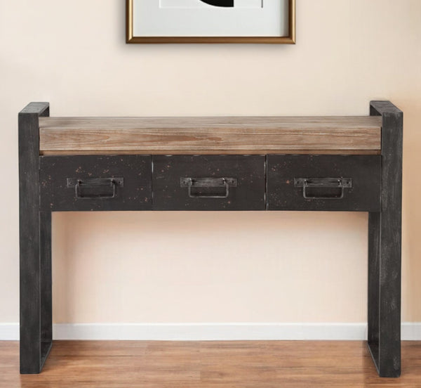 Homeroots 12" Brown And Black Solid Wood Sled Console Table And Drawers   380248