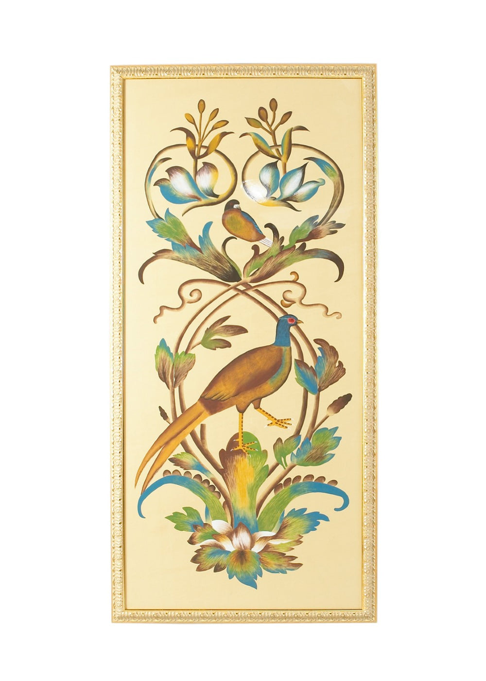 Chelsea House 31-0007A Hand-Painted Watercolor On Silk Bird Panel In Ornate Gold Frame, Glass-Protected 64.5X31" 380252
