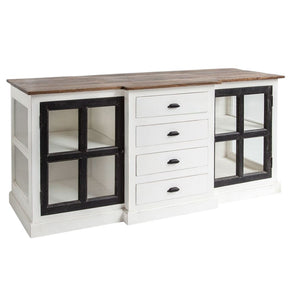 Homeroots 75" Brown And White Solid Wood Four Drawer Sideboard With Two Glass Doors   380254