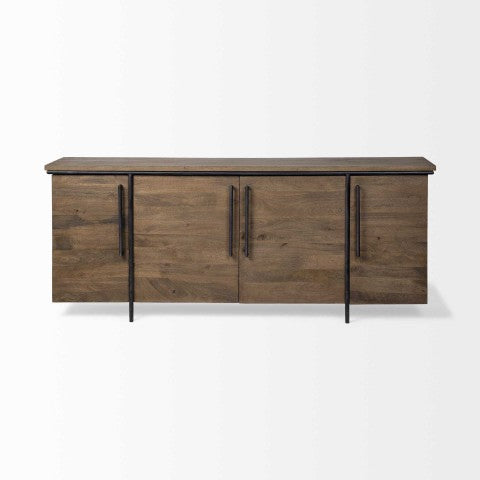 Homeroots Brown Solid Mango Wood Finish Sideboard - Chic 4-door Cabinet With Stylish Matte-black Frame  Wood 380255