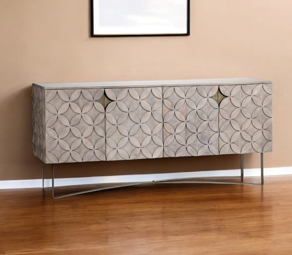 HomeRoots 72" Elegant Light Brown Solid Wood Sideboard with Four Doors, Perfect for Organized Storage & Style! 380257