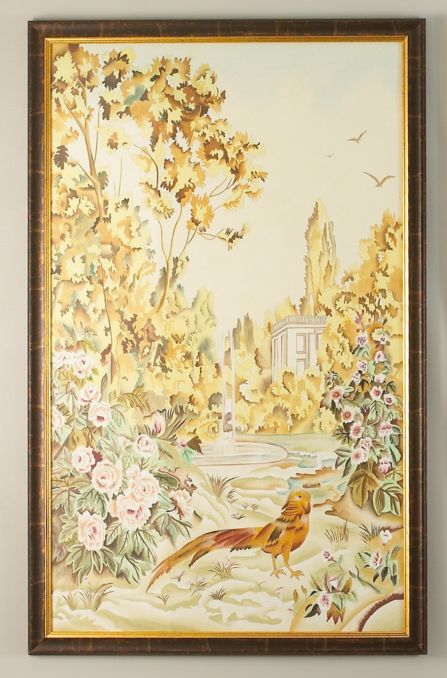 Chelsea House Aubusson Hand-Painted Watercolor On Silk Panel In Antique Gold Brown Frame, Glazed 64"X40.5" Elegance 380269