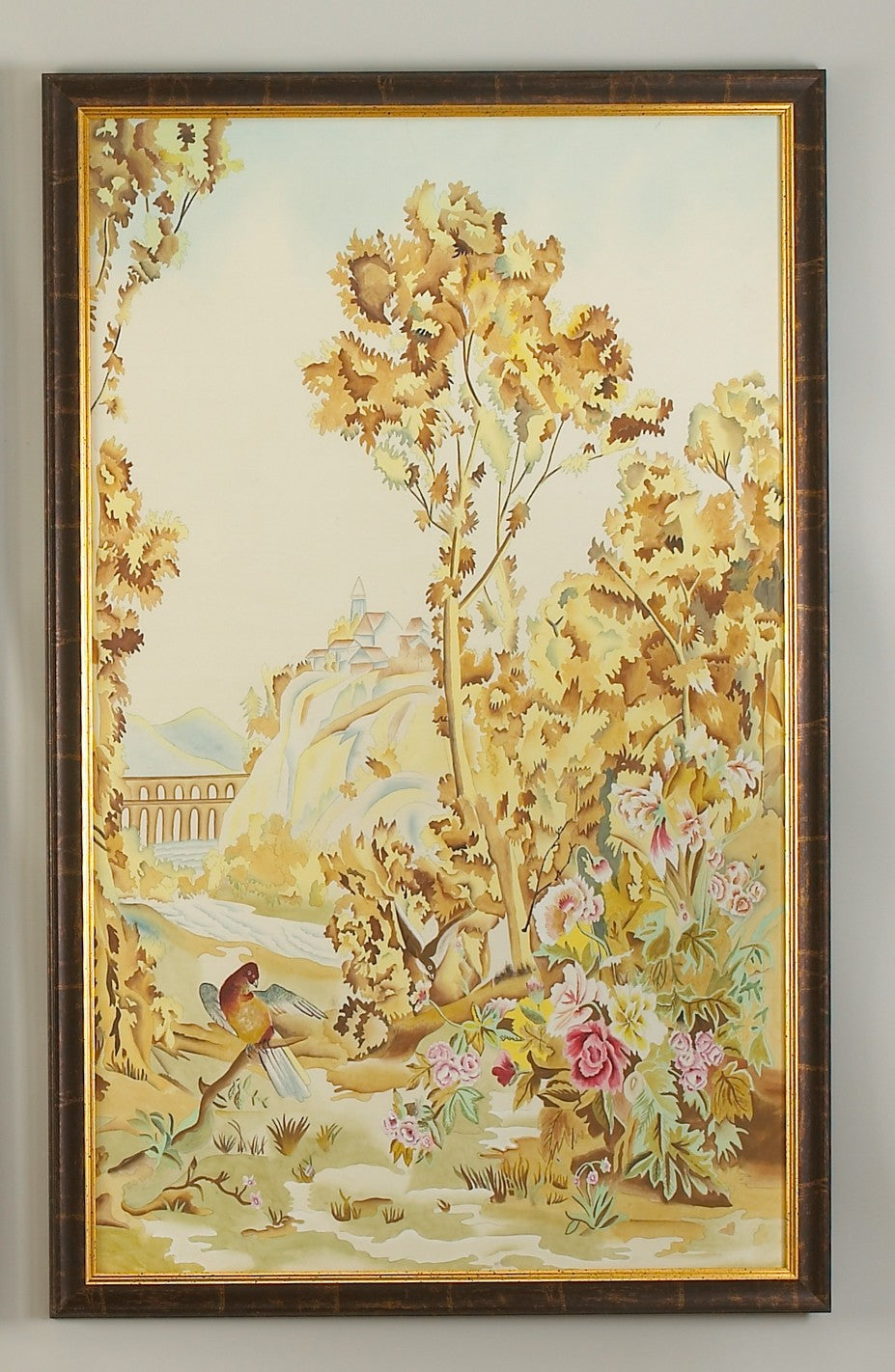 Chelsea House Aubusson Hand-Painted Silk Watercolor Panel In Antique Gold-Brown Frame, Glass-Protected, 64X40.5" 380270