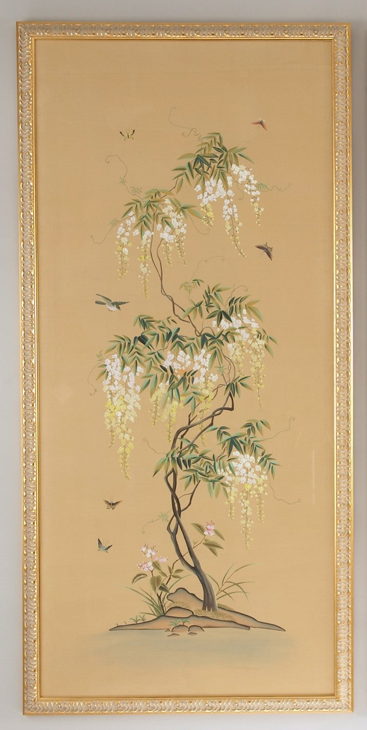 Chelsea House Flowering Hand-Painted Watercolor On Silk Panel In Gold Frame — Botanical Elegance 65"X31.5" 380271